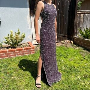 VTG 90s Romy Scala 100% Silk Beaded Formal Backless Maxi Dress Plum Purple Med